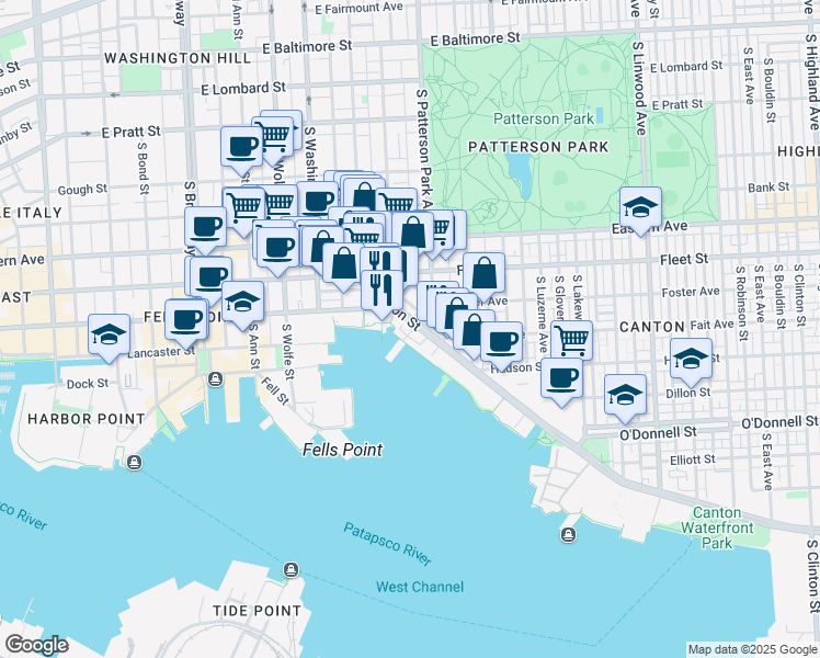 map of restaurants, bars, coffee shops, grocery stores, and more near 2319 Boston Street in Baltimore