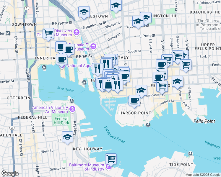 map of restaurants, bars, coffee shops, grocery stores, and more near Aliceanna Street in Baltimore