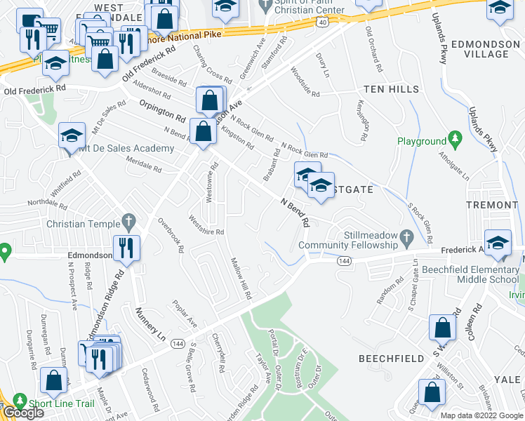 map of restaurants, bars, coffee shops, grocery stores, and more near 5332 Jamestowne Court in Baltimore