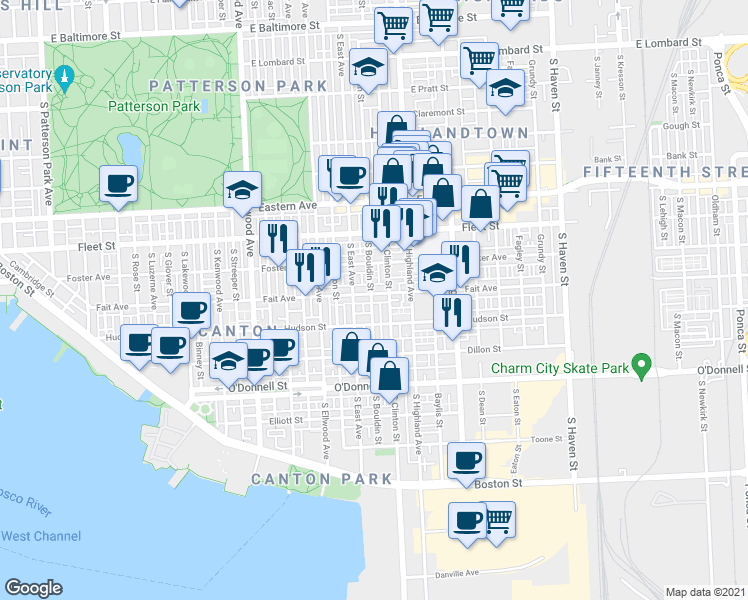 map of restaurants, bars, coffee shops, grocery stores, and more near 3223 Fait Avenue in Baltimore