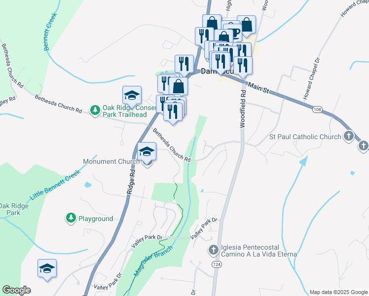 map of restaurants, bars, coffee shops, grocery stores, and more near 25909 Ridge Manor Drive in Damascus