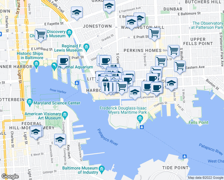map of restaurants, bars, coffee shops, grocery stores, and more near Aliceanna St & S Exeter St in Baltimore