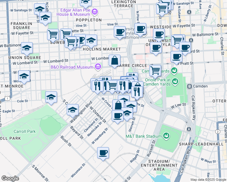 map of restaurants, bars, coffee shops, grocery stores, and more near 830 Clifford Street in Baltimore