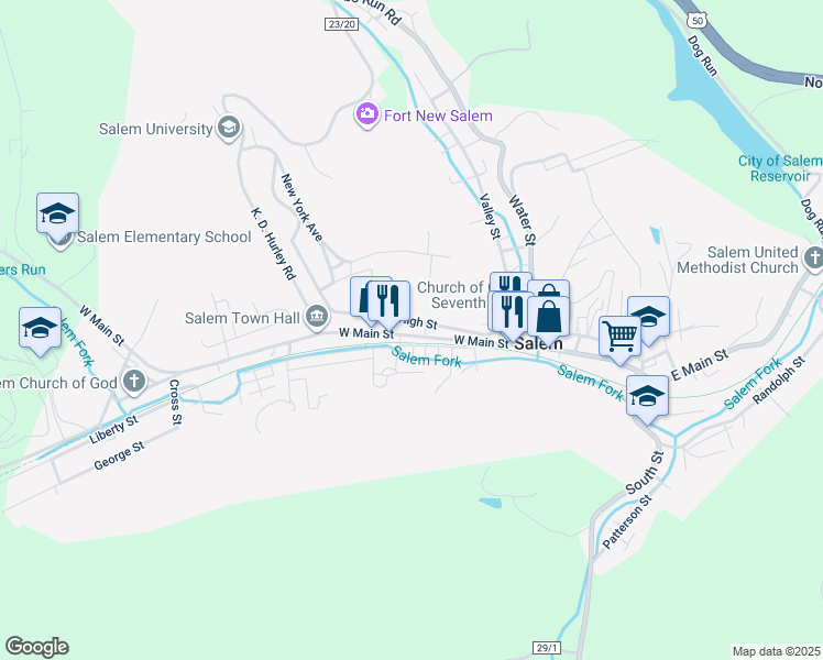 map of restaurants, bars, coffee shops, grocery stores, and more near 189 West Main Street in Salem