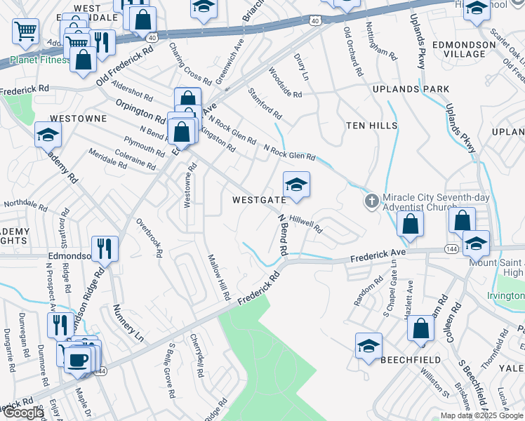 map of restaurants, bars, coffee shops, grocery stores, and more near 5300 Carriage Court in Baltimore