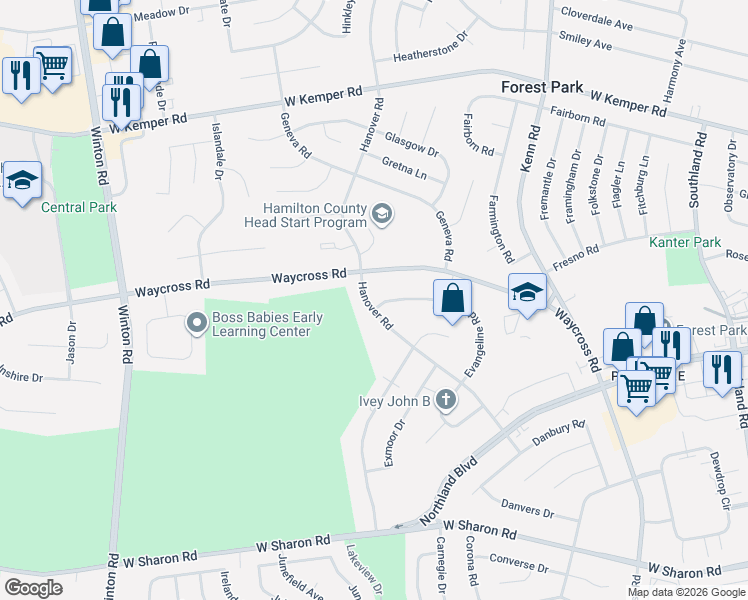 map of restaurants, bars, coffee shops, grocery stores, and more near 11286 Hanover Road in Cincinnati