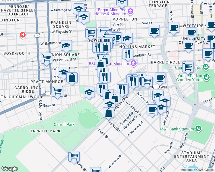 map of restaurants, bars, coffee shops, grocery stores, and more near 1261 West Pratt Street in Baltimore