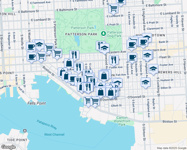 map of restaurants, bars, coffee shops, grocery stores, and more near 2712 Fait Avenue in Baltimore