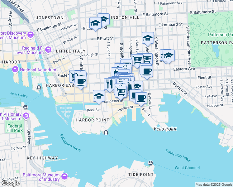 map of restaurants, bars, coffee shops, grocery stores, and more near 1613 Aliceanna Street in Baltimore