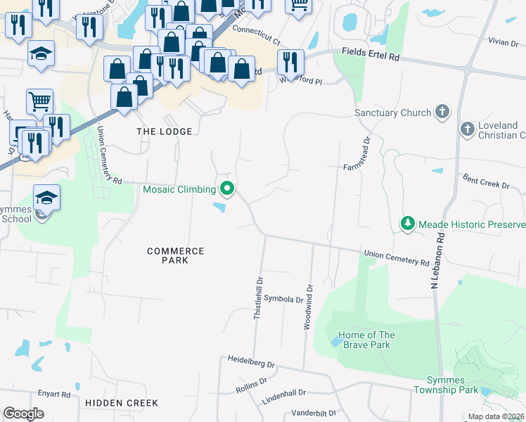map of restaurants, bars, coffee shops, grocery stores, and more near 9558 Union Cemetery Road in Loveland