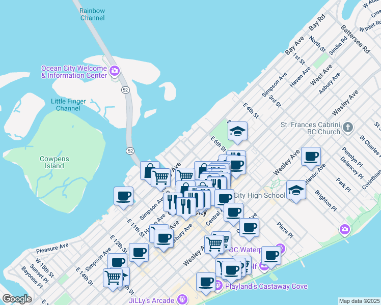 map of restaurants, bars, coffee shops, grocery stores, and more near 8 West 7th Street in Ocean City