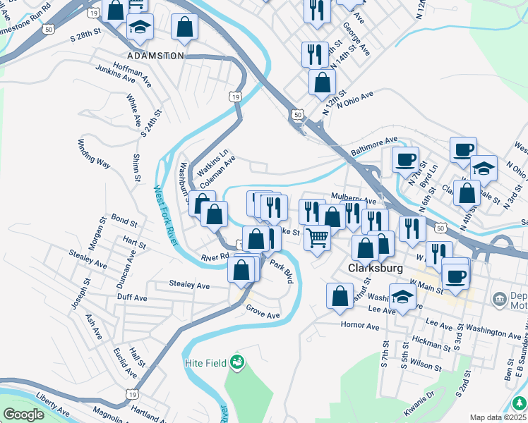 map of restaurants, bars, coffee shops, grocery stores, and more near 133-299 Peck Street in Clarksburg