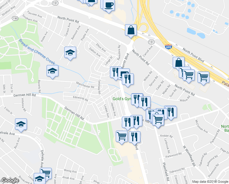 map of restaurants, bars, coffee shops, grocery stores, and more near 7550 Rabon Avenue in Dundalk