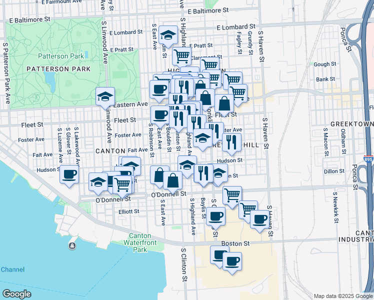 map of restaurants, bars, coffee shops, grocery stores, and more near 802 South Highland Avenue in Baltimore