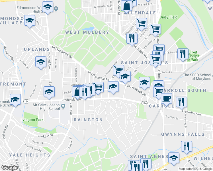 map of restaurants, bars, coffee shops, grocery stores, and more near 3800 Frederick Avenue in Baltimore