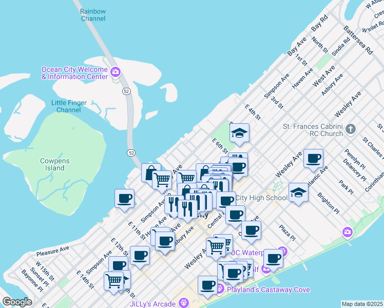 map of restaurants, bars, coffee shops, grocery stores, and more near 8 West 7th Street in Ocean City