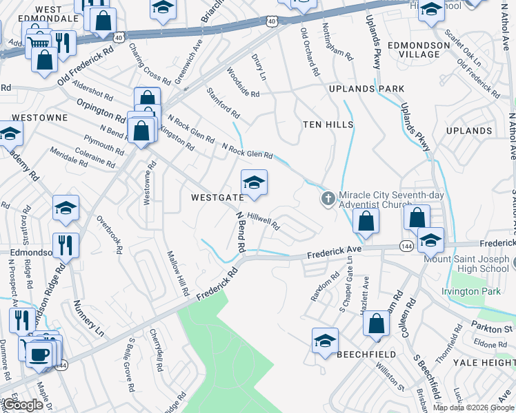 map of restaurants, bars, coffee shops, grocery stores, and more near 181 North Bend Road in Baltimore