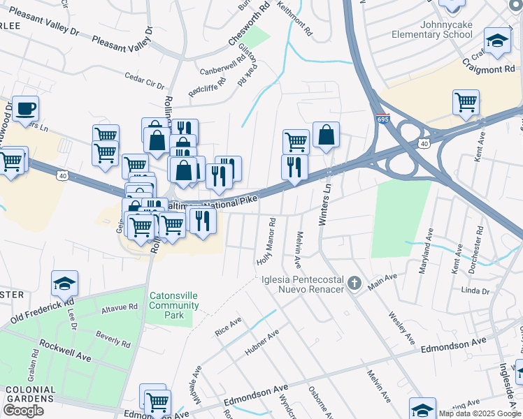 map of restaurants, bars, coffee shops, grocery stores, and more near 642 Pine Street in Catonsville