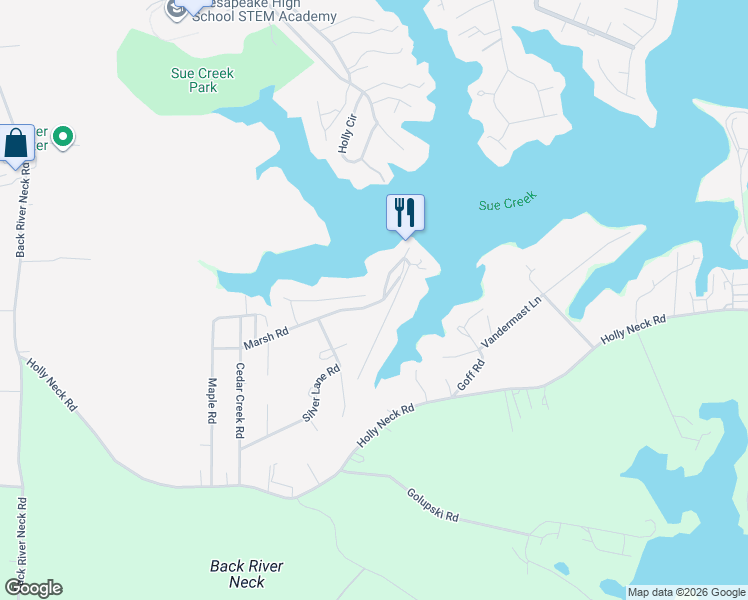 map of restaurants, bars, coffee shops, grocery stores, and more near 2230 Silver Lane Road in Essex