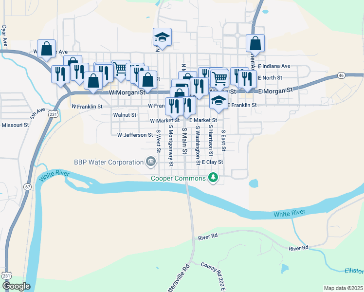 map of restaurants, bars, coffee shops, grocery stores, and more near 267 South Main Street in Spencer