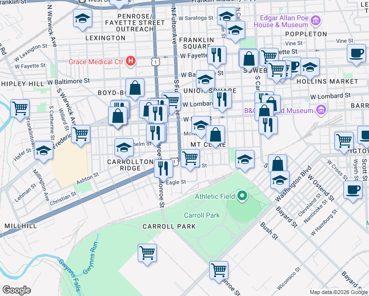 map of restaurants, bars, coffee shops, grocery stores, and more near 1722 Ramsay Street in Baltimore