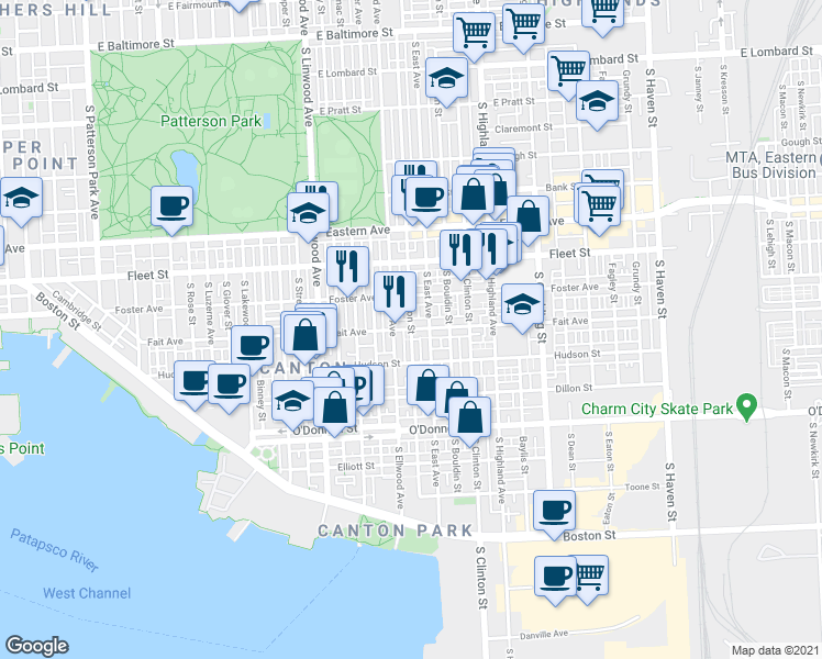 map of restaurants, bars, coffee shops, grocery stores, and more near Fait Ave & S Robinson St in Baltimore