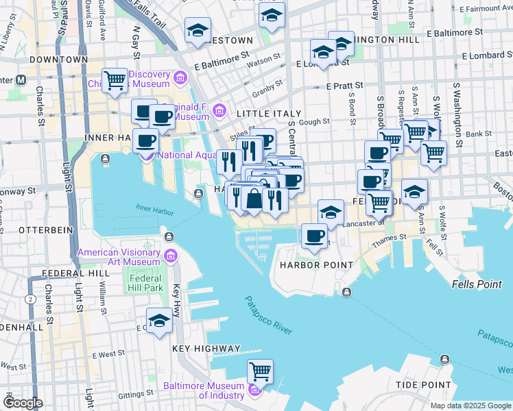 map of restaurants, bars, coffee shops, grocery stores, and more near 707 South President Street in Baltimore