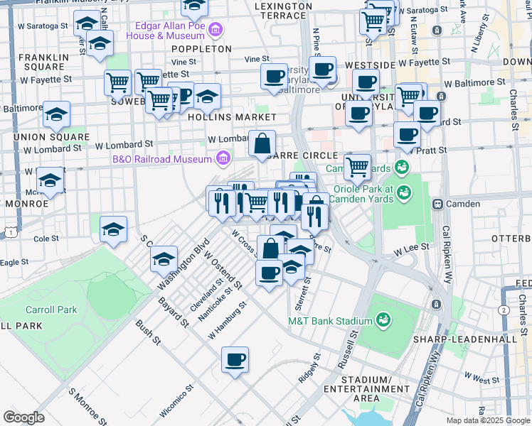 map of restaurants, bars, coffee shops, grocery stores, and more near 830 Clifford Street in Baltimore
