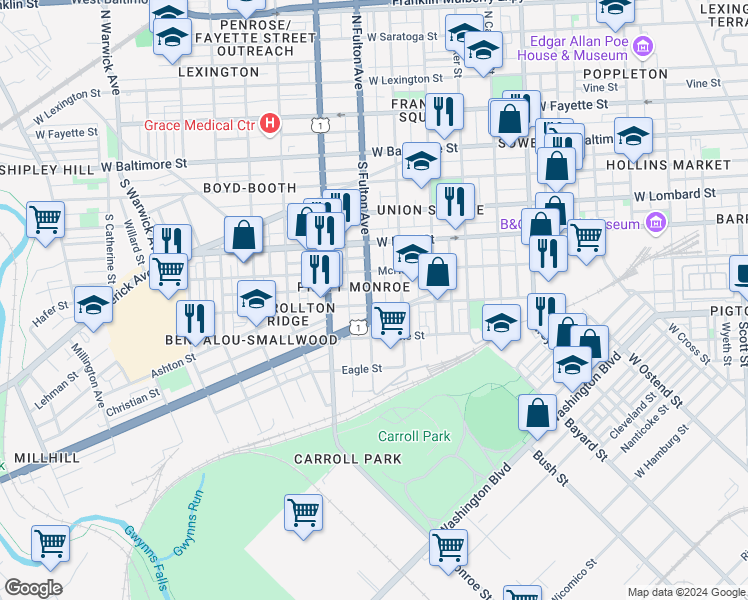 map of restaurants, bars, coffee shops, grocery stores, and more near 351 South Fulton Avenue in Baltimore