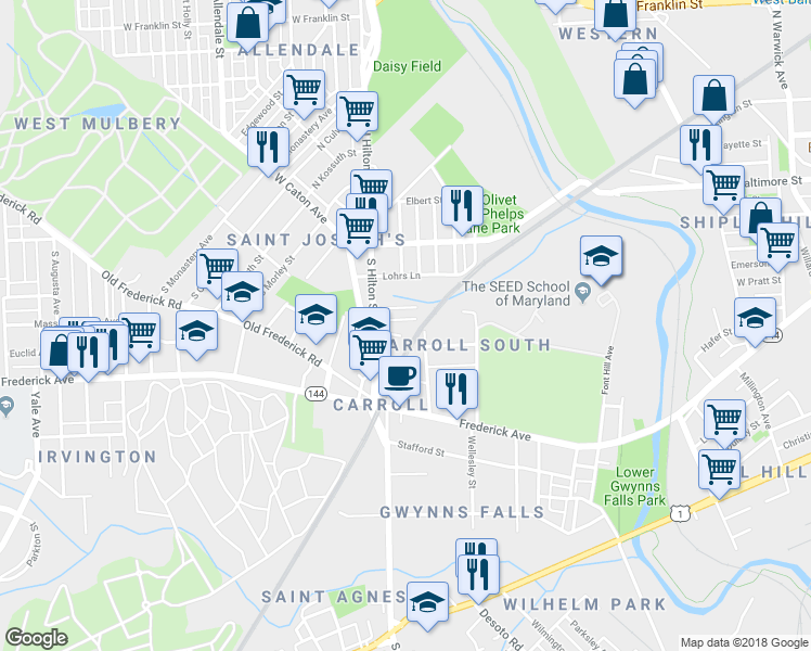map of restaurants, bars, coffee shops, grocery stores, and more near 3200 Leeds St in Baltimore