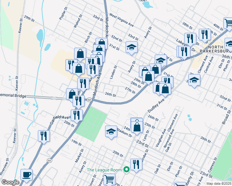 map of restaurants, bars, coffee shops, grocery stores, and more near 602 Avery Street in Parkersburg