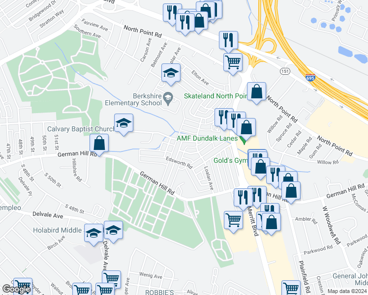 map of restaurants, bars, coffee shops, grocery stores, and more near 603 Aldworth Road in Dundalk