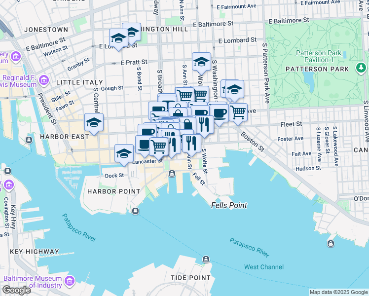 map of restaurants, bars, coffee shops, grocery stores, and more near 1741 Aliceanna Street in Baltimore