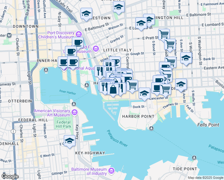 map of restaurants, bars, coffee shops, grocery stores, and more near 675 South President Street in Baltimore