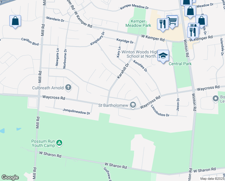 map of restaurants, bars, coffee shops, grocery stores, and more near 1569 Karahill Drive in Cincinnati