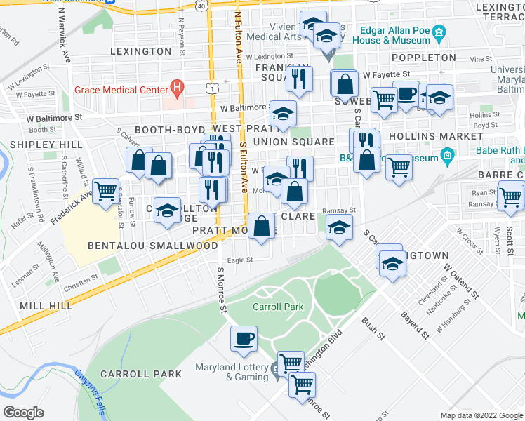 map of restaurants, bars, coffee shops, grocery stores, and more near 1700 Ramsay Street in Baltimore