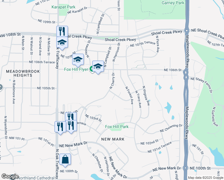 map of restaurants, bars, coffee shops, grocery stores, and more near 800 Northeast 104th Terrace in Kansas City