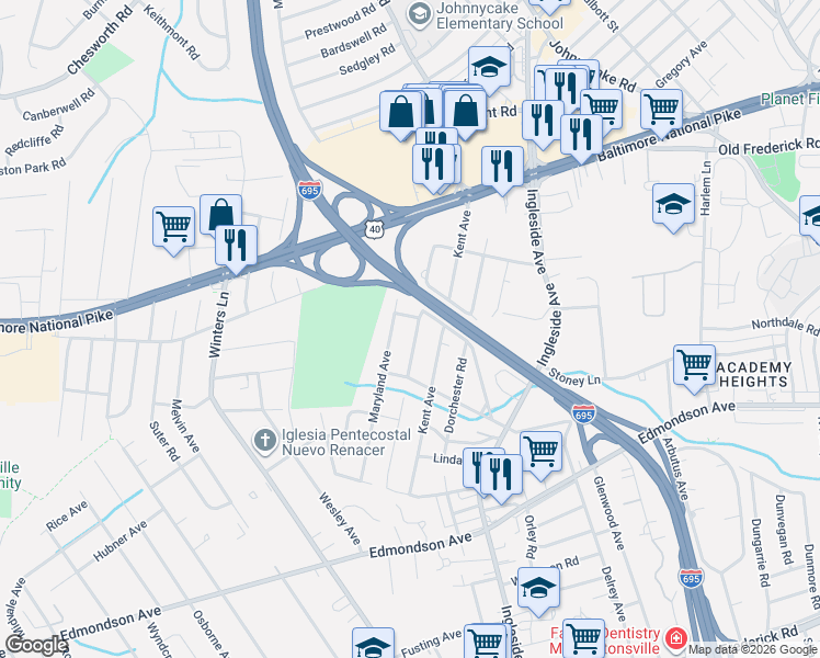 map of restaurants, bars, coffee shops, grocery stores, and more near 516 Lafayette Avenue in Catonsville