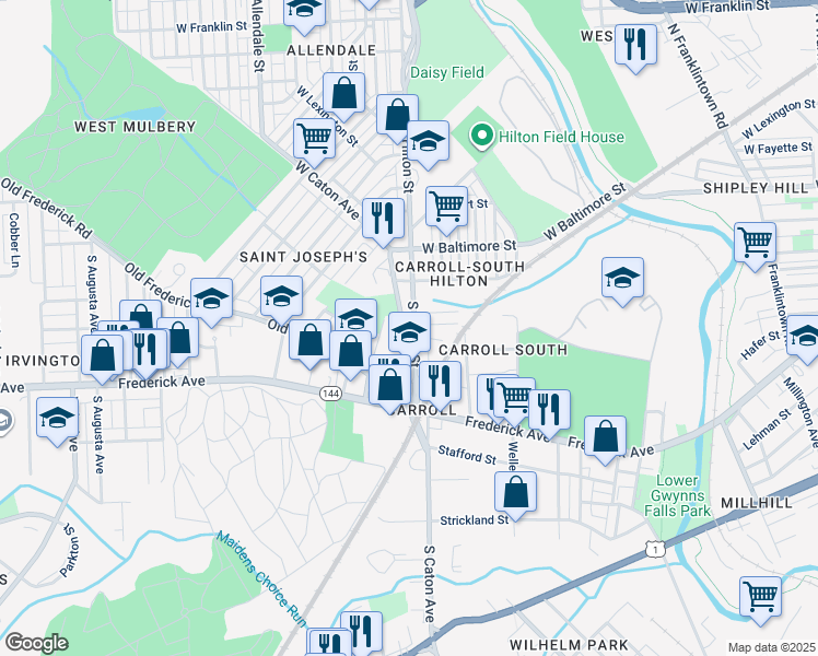 map of restaurants, bars, coffee shops, grocery stores, and more near 148 South Hilton Street in Baltimore