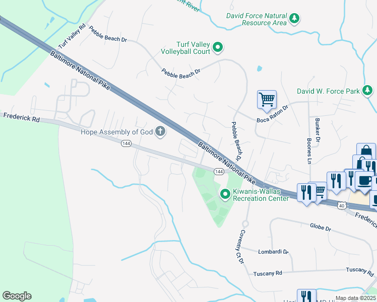 map of restaurants, bars, coffee shops, grocery stores, and more near 10501 Old Ellicott Circle in Ellicott City