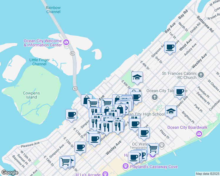 map of restaurants, bars, coffee shops, grocery stores, and more near 8 West 7th Street in Ocean City
