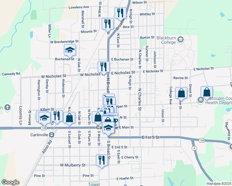 map of restaurants, bars, coffee shops, grocery stores, and more near 295 North East Street in Carlinville