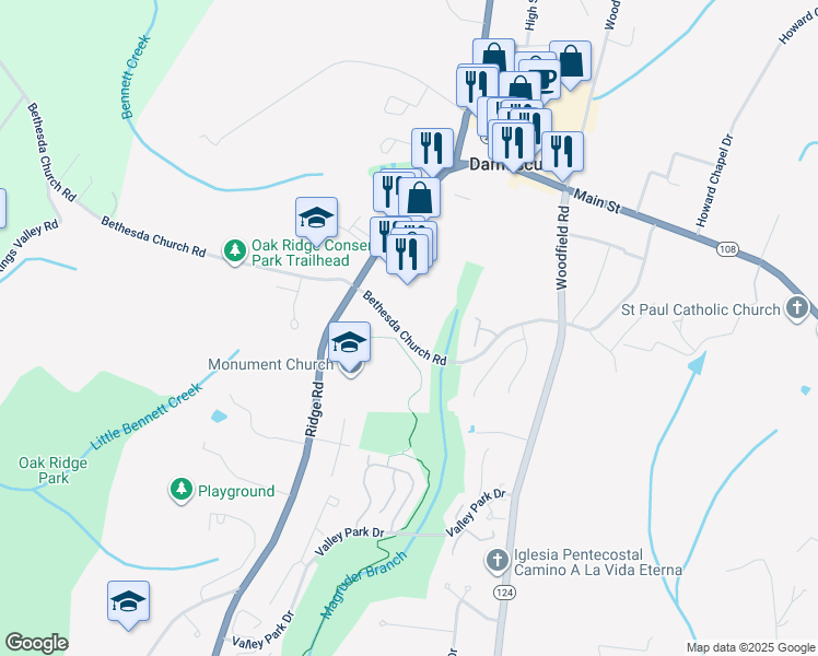 map of restaurants, bars, coffee shops, grocery stores, and more near 10100 Ridge Manor Terrace in Damascus