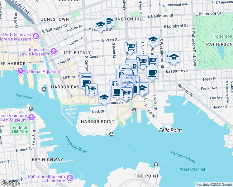 map of restaurants, bars, coffee shops, grocery stores, and more near Aliceanna Street & South Bond Street in Baltimore
