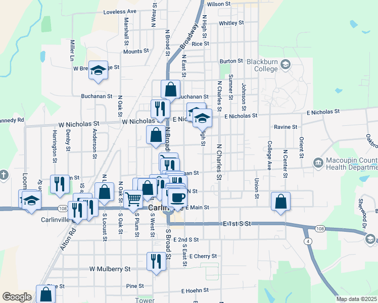 map of restaurants, bars, coffee shops, grocery stores, and more near 295 North East Street in Carlinville