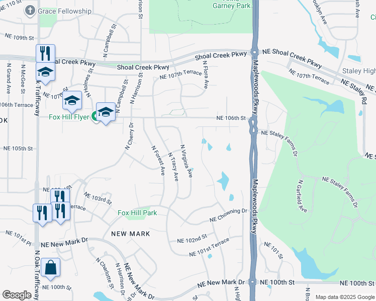 map of restaurants, bars, coffee shops, grocery stores, and more near 10407 North Virginia Avenue in Kansas City