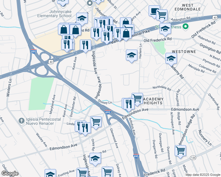 map of restaurants, bars, coffee shops, grocery stores, and more near 629 Longview Drive in Catonsville