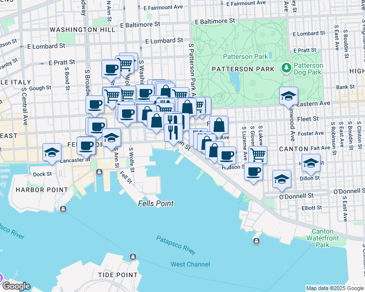 map of restaurants, bars, coffee shops, grocery stores, and more near 23155 Boston Street in Baltimore