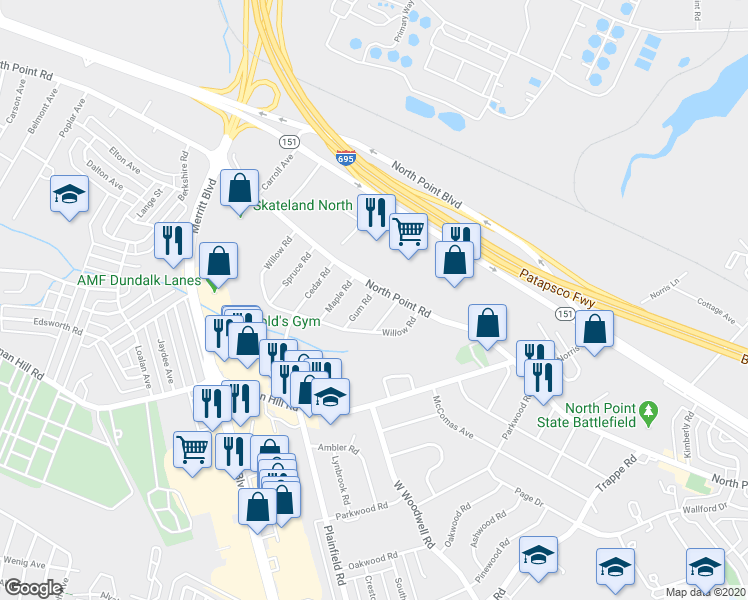 map of restaurants, bars, coffee shops, grocery stores, and more near 7616 Gum Road in Dundalk