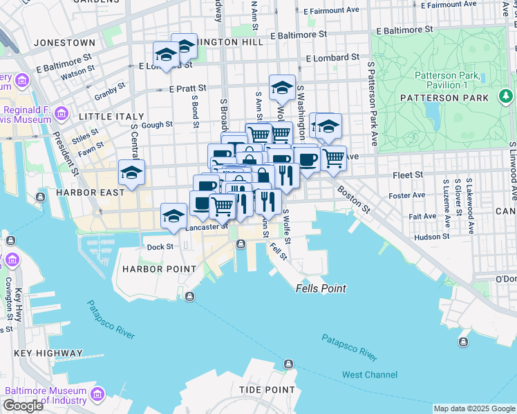 map of restaurants, bars, coffee shops, grocery stores, and more near 1741 Aliceanna Street in Baltimore